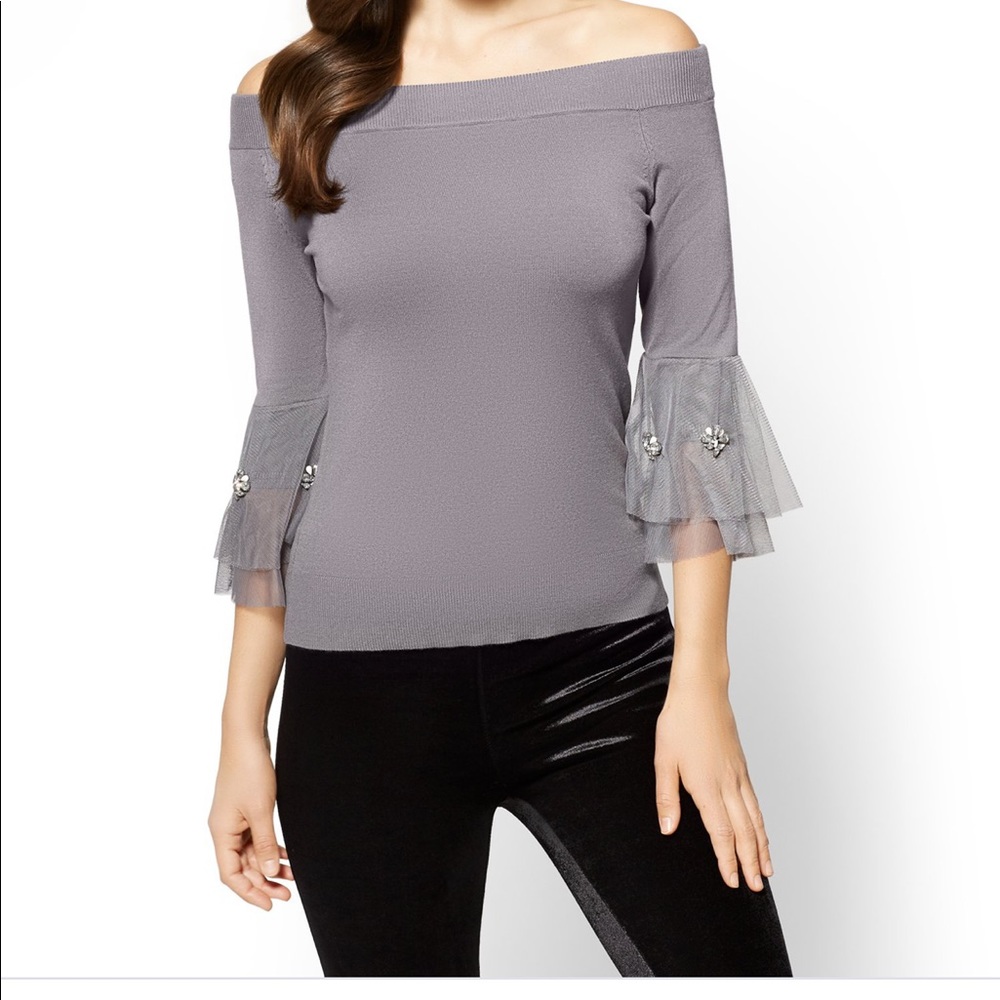 7th Avenue NY &Co  jeweled tulle sleeve sweater